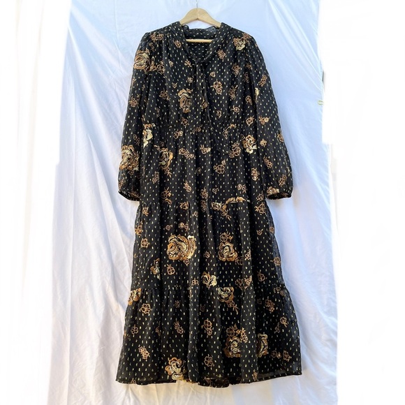 EXPRESS | BLACK METALLIC FLORAL EMBROIDERED TIERED TIE NECK MIDI DRESS XL - Picture 10 of 15